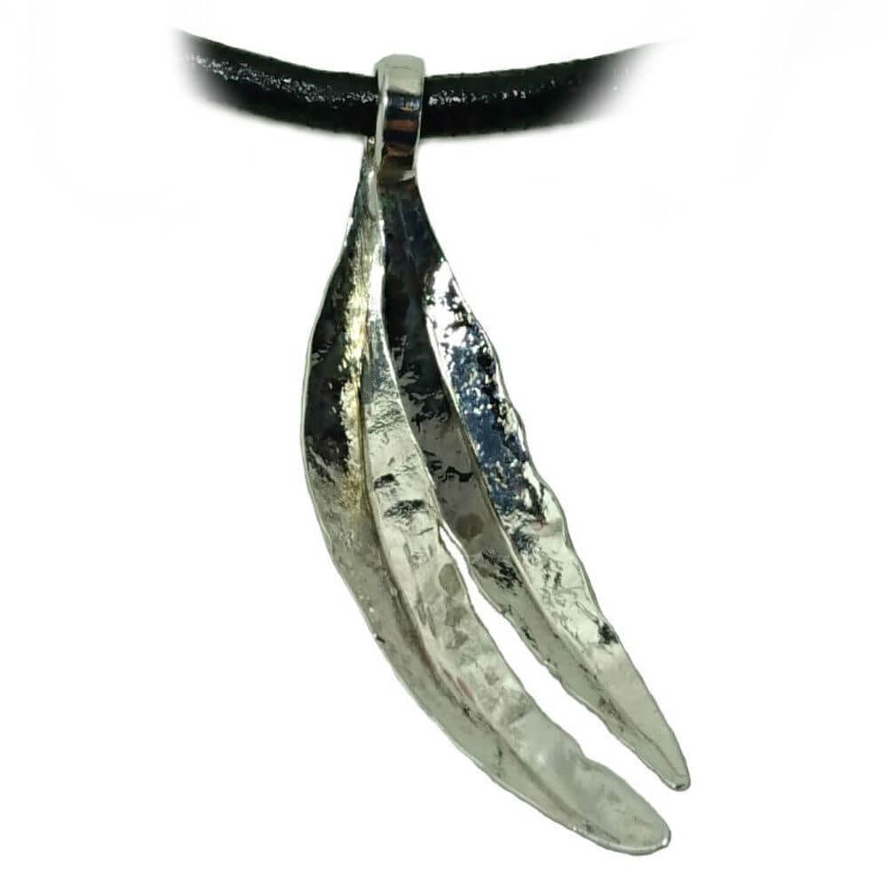 Silver Feather Pendant, on a black leather thong necklace.