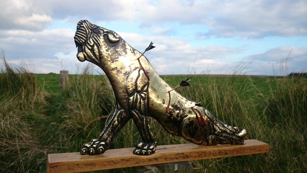Lioness I - Brass Bitumen Oak, movable arrows, by Charles Atkinson of Atkinson-art.co.uk, Cornwall, England, UK