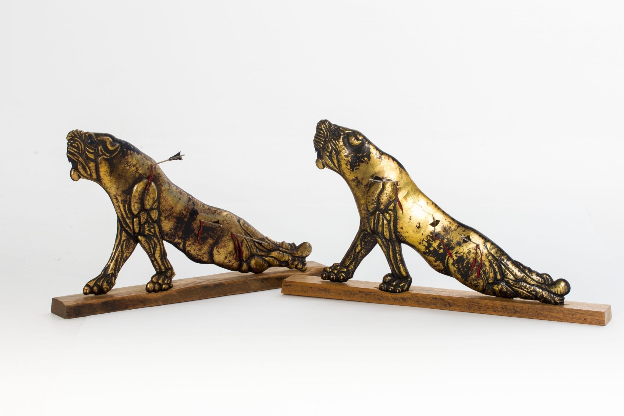 Lioness I and II - Brass Bitumen Oak, movable arrows, by Charles Atkinson of Atkinson-art.co.uk, Cornwall, England, UK