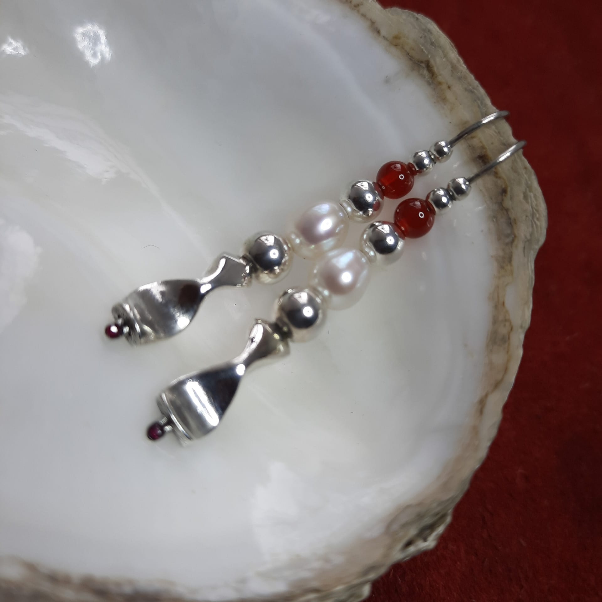 Ruby Dragon Earrings - Ruby, Pearl, Agate on Sterling Silver, Forged by Hand - Atkinson-art, Bodmin Moor, Cornwall - atkinson-art.co.uk