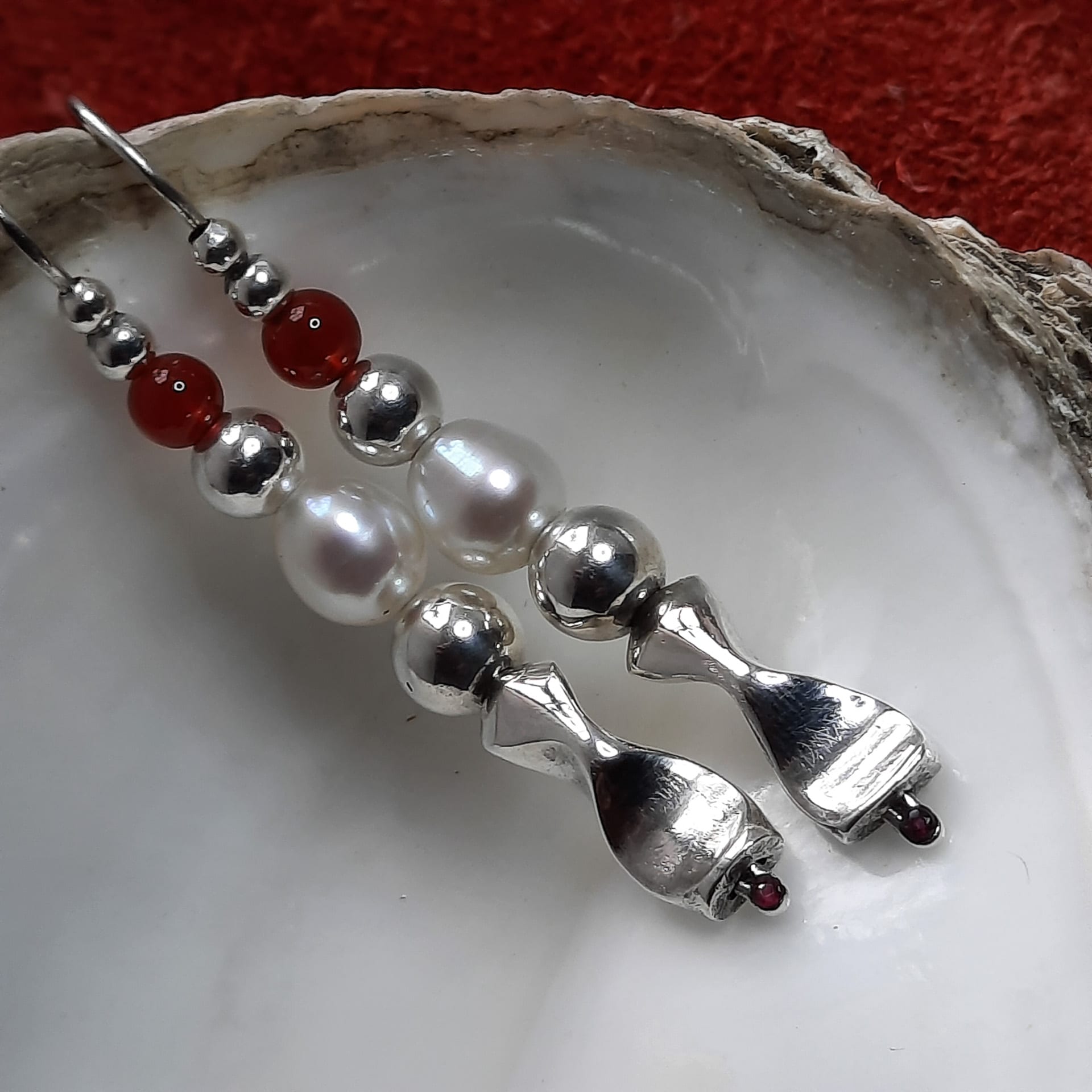 Ruby Dragon Earrings - Ruby, Pearl, Agate on Sterling Silver, Forged by Hand - Atkinson-art, Bodmin Moor, Cornwall - atkinson-art.co.uk