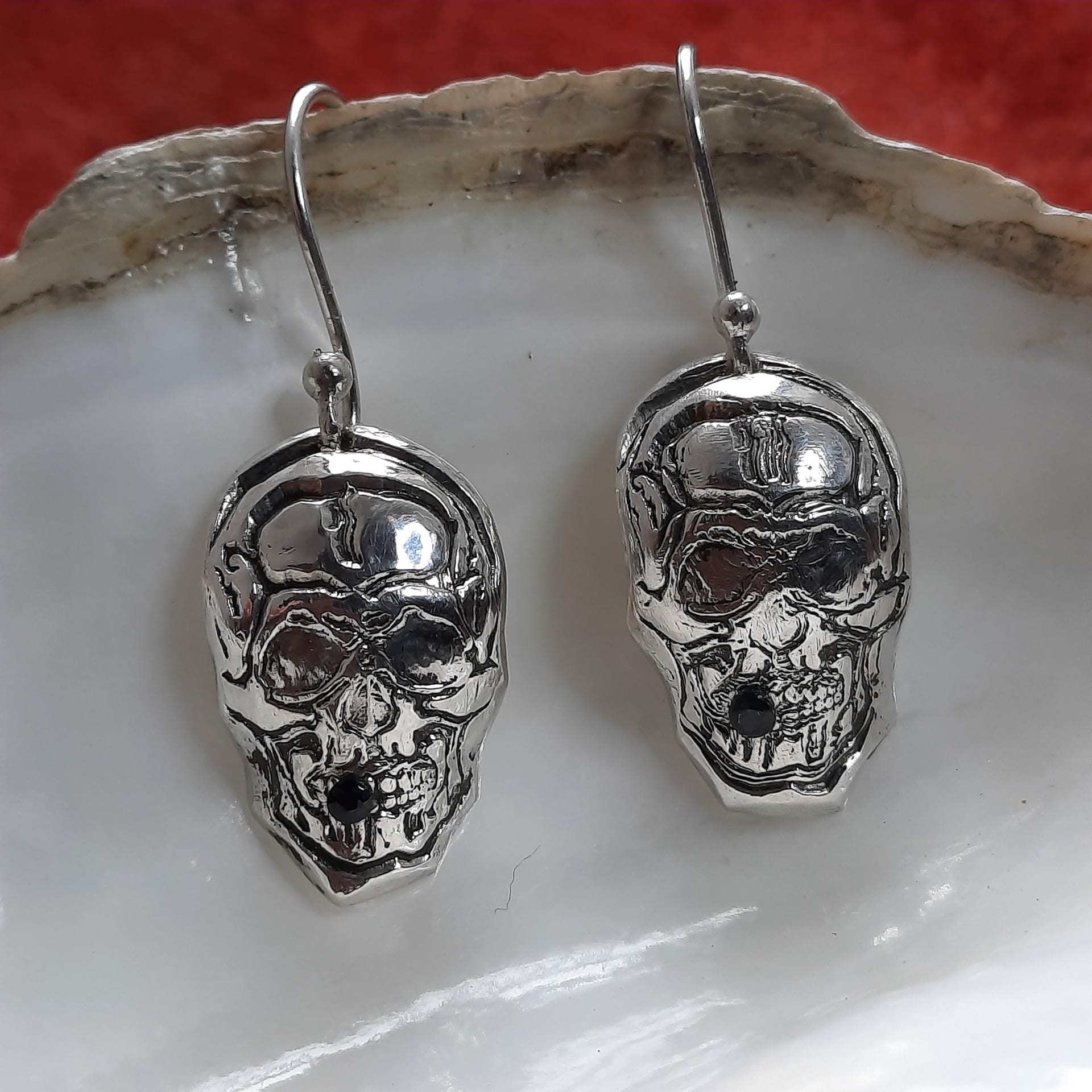 Sapphire Skull Earrings - Sterling Silver, Forged by Hand - Atkinson-art, Bodmin Moor, Cornwall - atkinson-art.co.uk