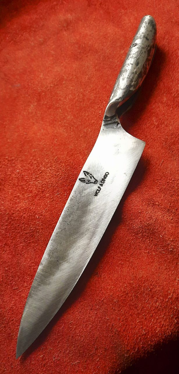 professional chef knife Kollell 179 - Chef Knives For Valhalla - Hand Forged from one piece of recycled High Carbon Steel, finished in olive oil and Bee's wax, balanced, sharp as a razor by Wolf & Dingo